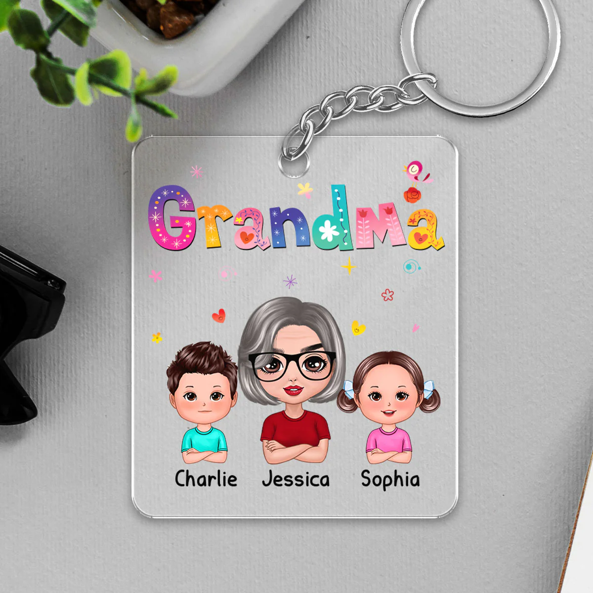 Colorful Floral Pattern Grandma Mom Auntie With Kids Personalized Acrylic Keychain - Image 5