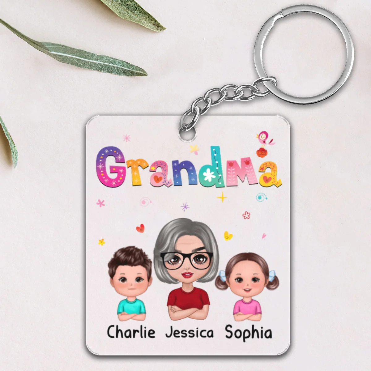 Colorful Floral Pattern Grandma Mom Auntie With Kids Personalized Acrylic Keychain - Image 6