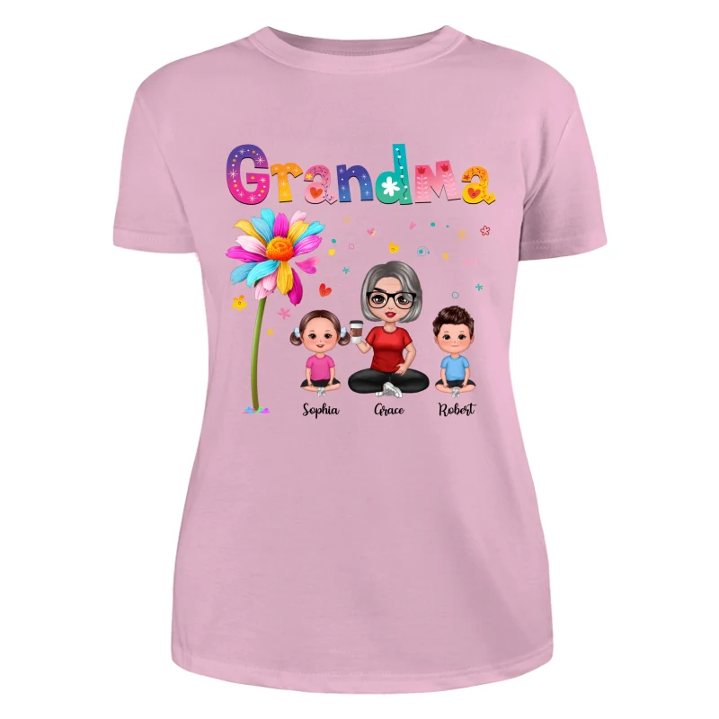 Colorful Floral Pattern Grandma With Grandkids Sitting Personalized Shirt - Image 11