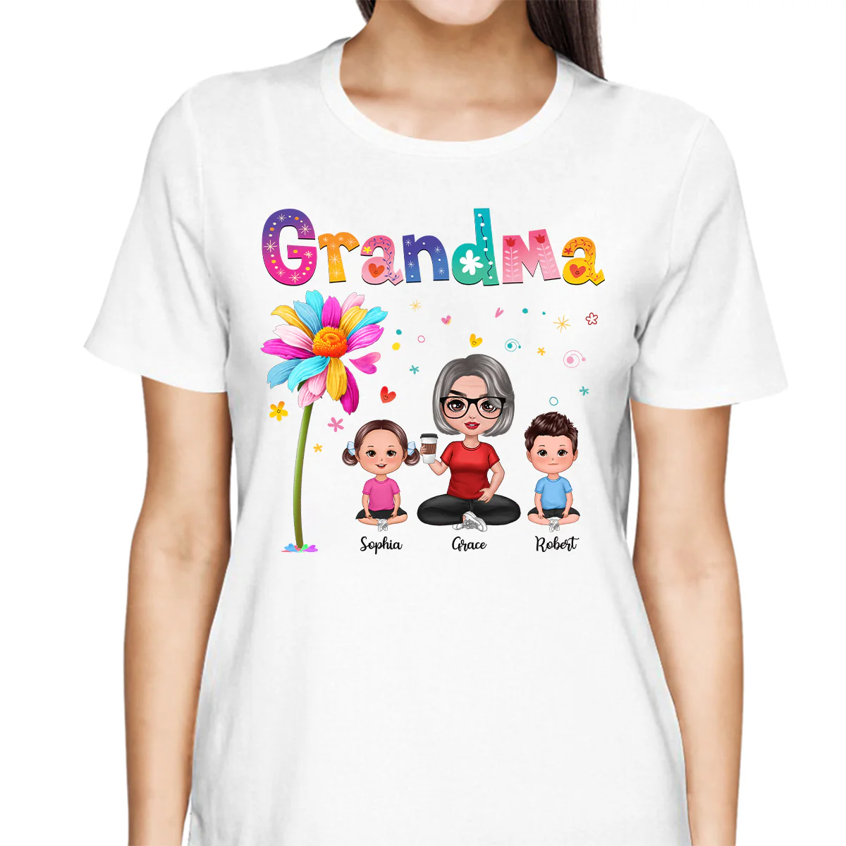 Colorful Floral Pattern Grandma With Grandkids Sitting Personalized Shirt - Image 2
