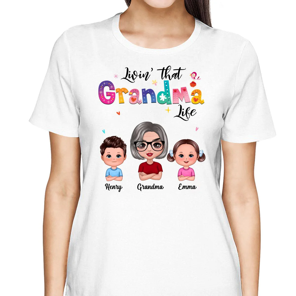 Colorful Floral Pattern Livin‘ That Grandma Life Grandma And Grandkids Personalized Shirt - Image 2