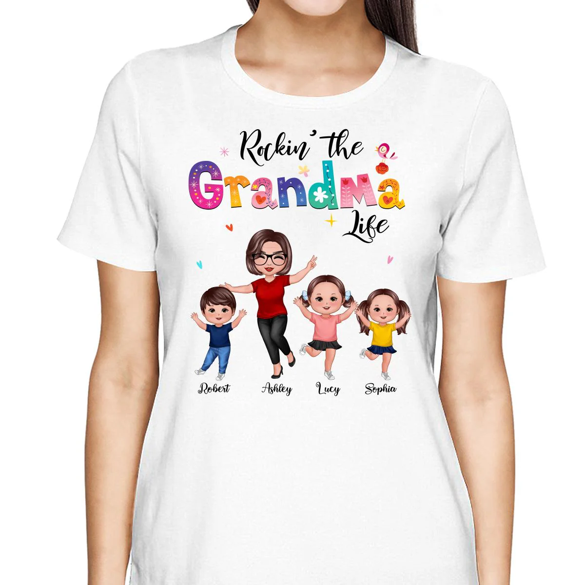 Colorful Floral Pattern Rockin‘ The Grandma Life Happy Doll Grandma & Grandkids Personalized Shirt - Image 2