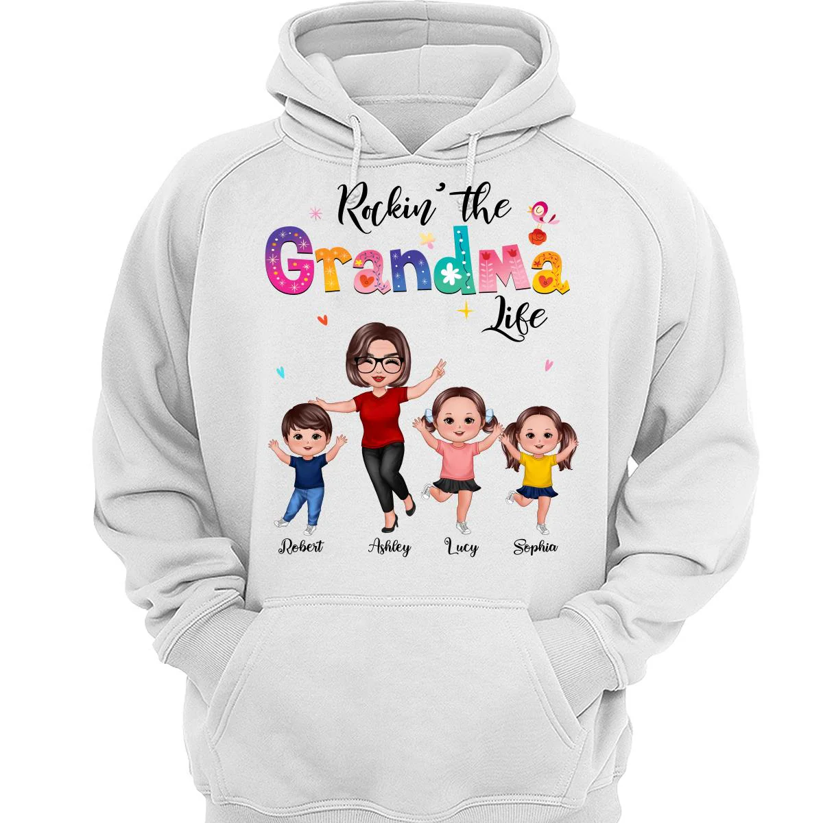 Colorful Floral Pattern Rockin‘ The Grandma Life Happy Doll Grandma & Grandkids Personalized Shirt - Image 3
