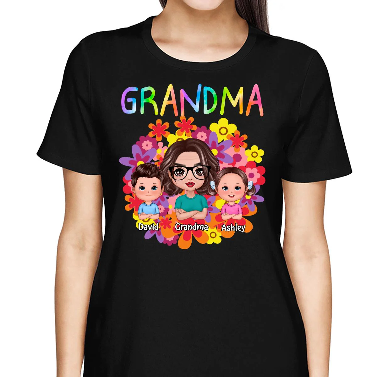 Colorful Flowers Doll Grandma With Grandkids Personalized Shirt - Image 2