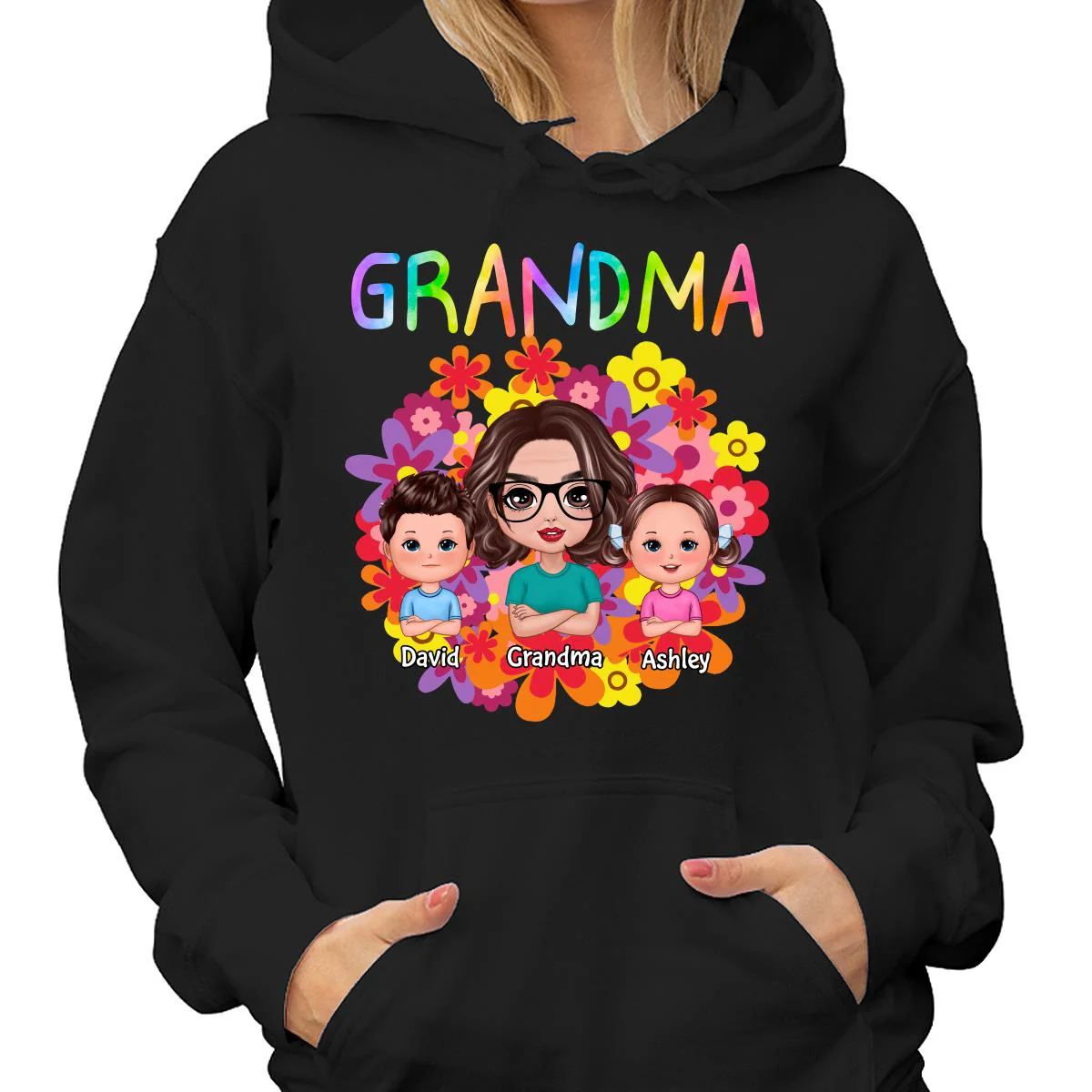 Colorful Flowers Doll Grandma With Grandkids Personalized Shirt - Image 4