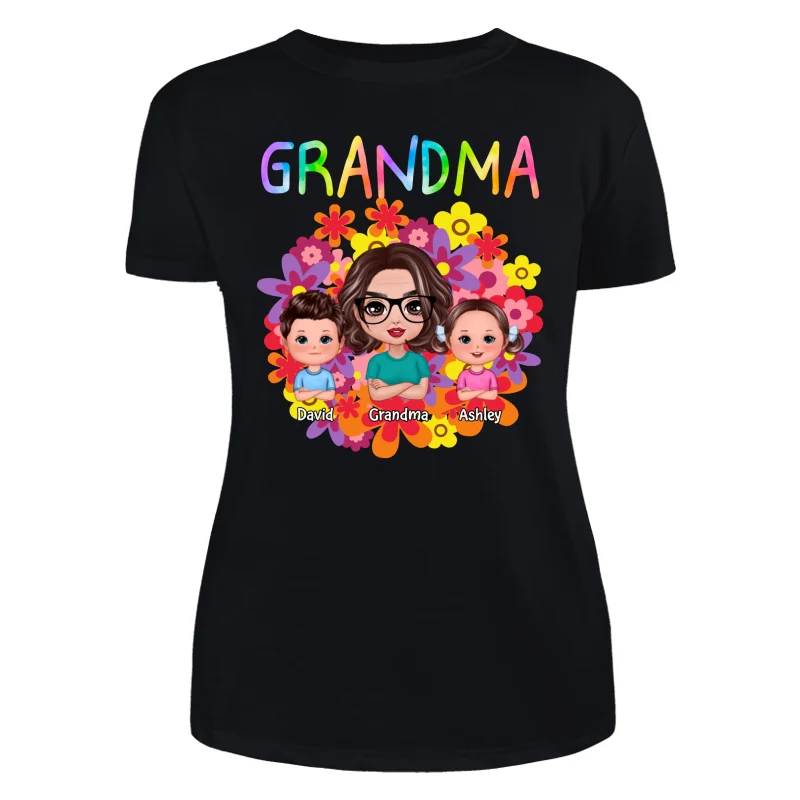 Colorful Flowers Doll Grandma With Grandkids Personalized Shirt - Image 8