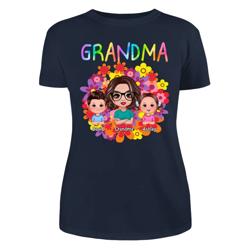 Colorful Flowers Doll Grandma With Grandkids Personalized Shirt - Image 9