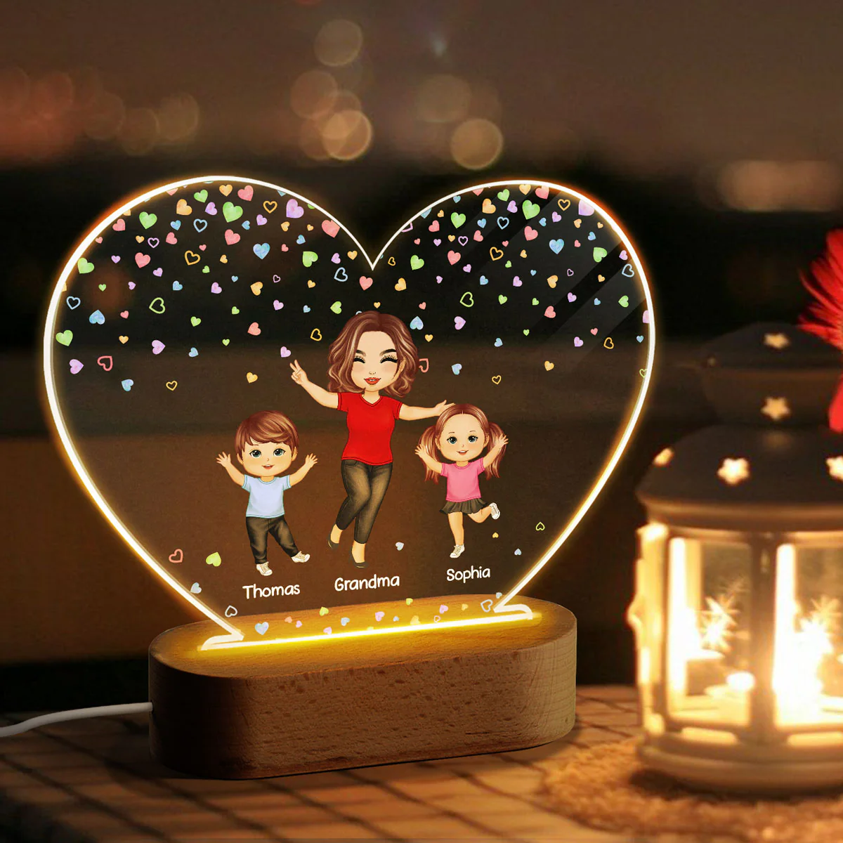 Colorful Flying Hearts Happy Doll Grandma Mom And Kids Personalized Heart Acrylic Plaque LED Night Light - Image 3