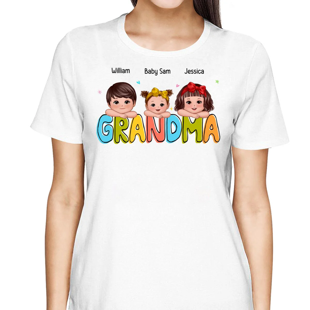 Colorful Grandma With Kids Chin On Hand Personalized Shirt