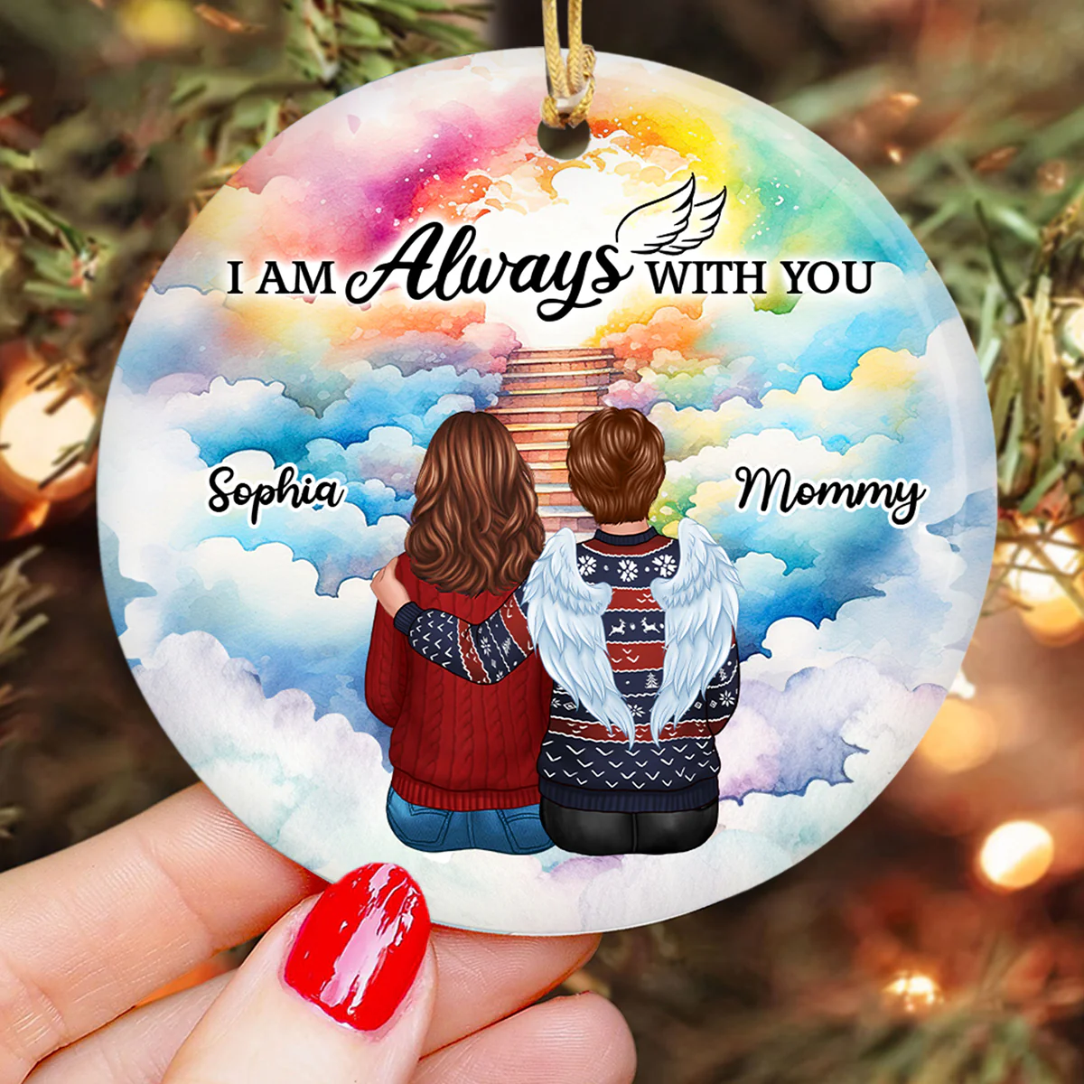 Colorful Heaven Stairway Family Memorial Personalized Circle Ornament - Image 3