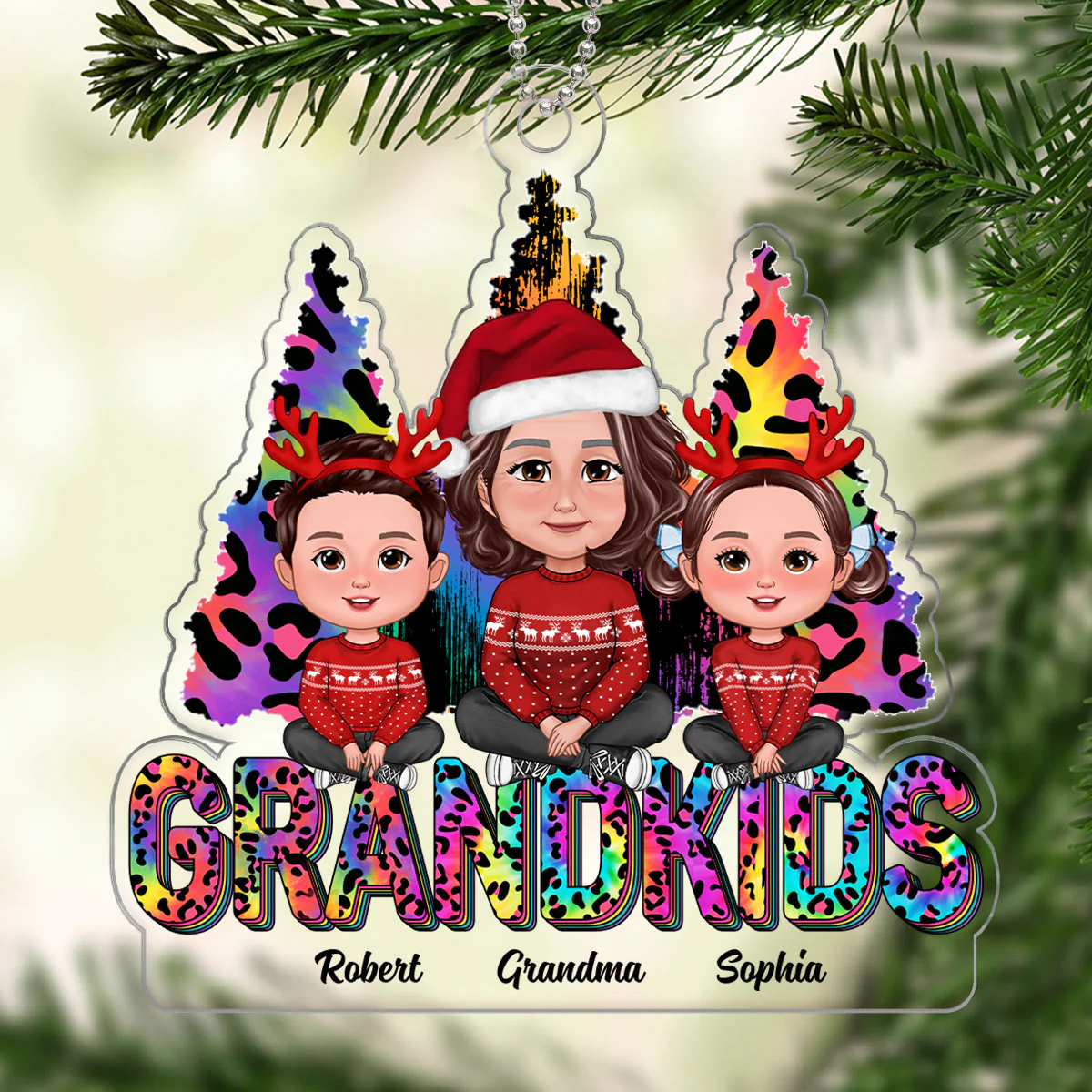 Colorful Leopard Christmas Tree Grandma Grandkids Personalized Acrylic Ornament