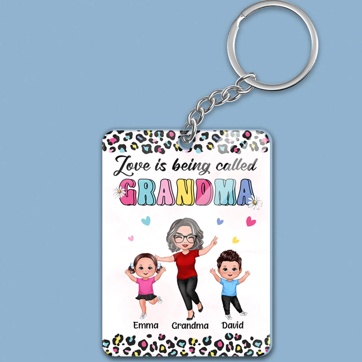 Colorful Leopard Happy Doll Grandma Grandkids Personalized Acrylic Keychain - Image 2