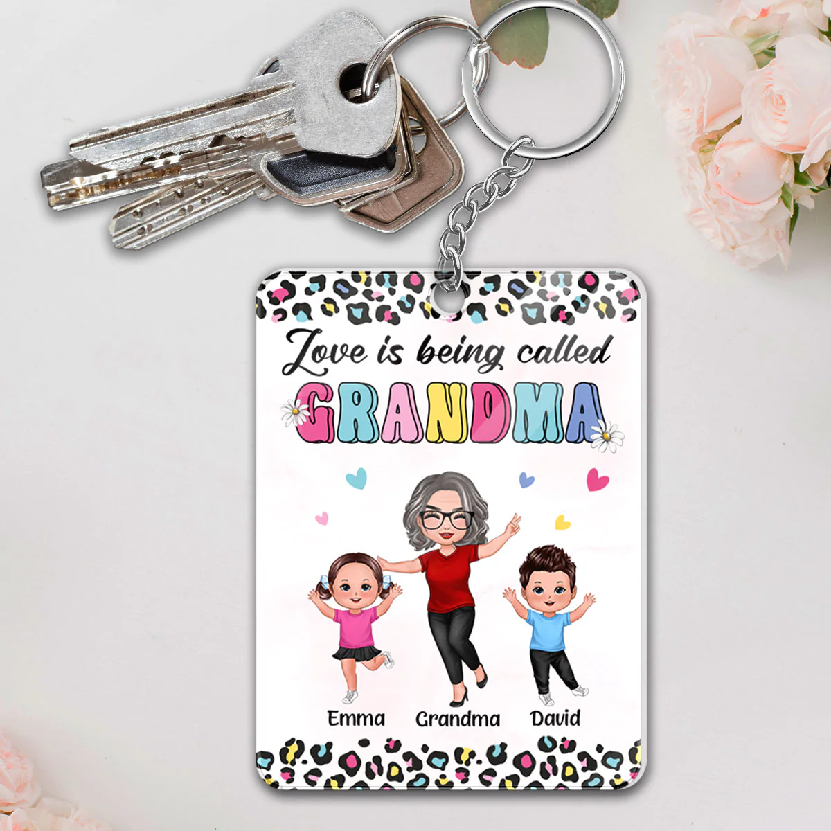 Colorful Leopard Happy Doll Grandma Grandkids Personalized Acrylic Keychain - Image 3