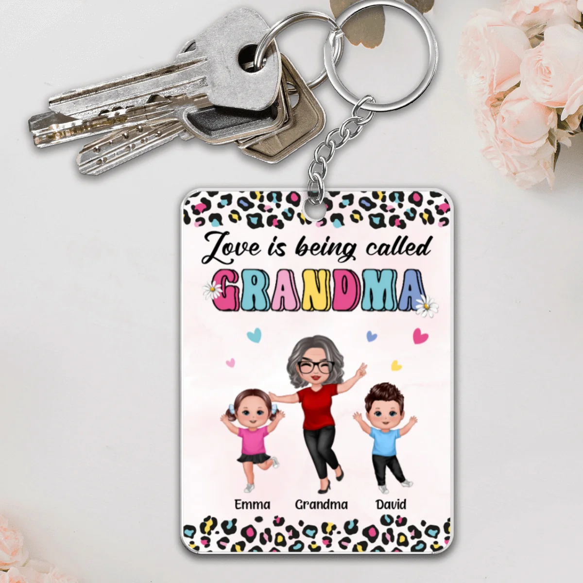 Colorful Leopard Happy Doll Grandma Grandkids Personalized Acrylic Keychain - Image 4