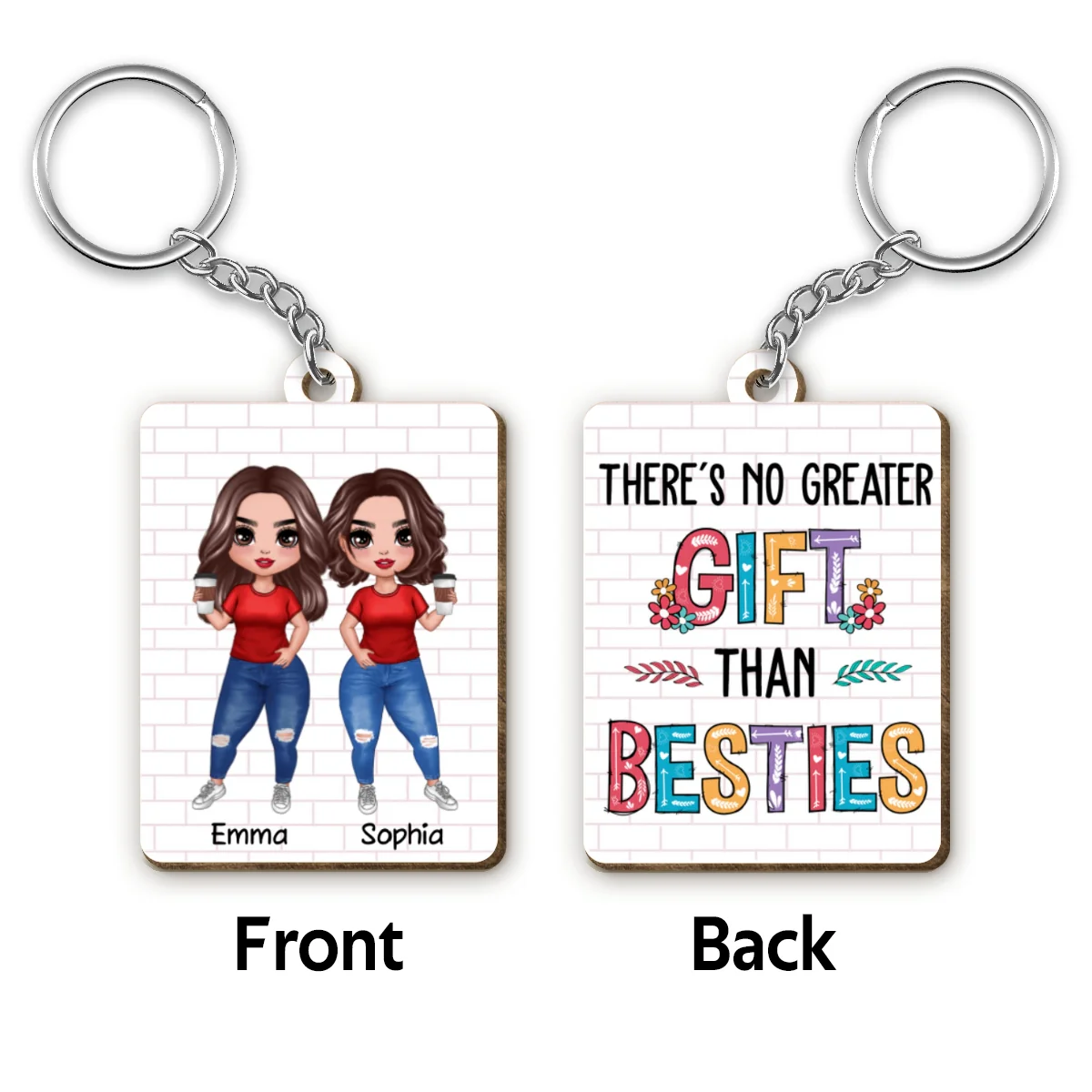 Colorful Pattern Doll Besties Gift For Best Friends Matching Personalized Wooden Keychain - Image 4