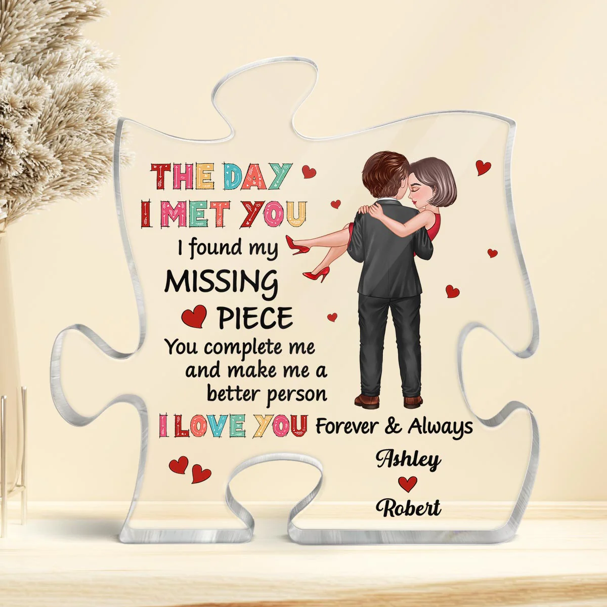 Colorful Pattern Embracing Hugging Couple Personalized Puzzle Acrylic Plaque