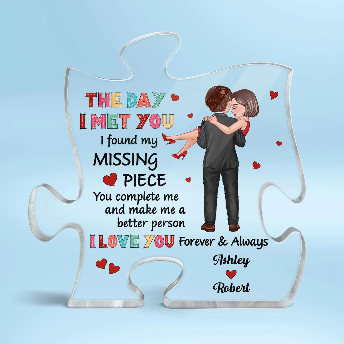 Colorful Pattern Embracing Hugging Couple Personalized Puzzle Acrylic Plaque - Image 2
