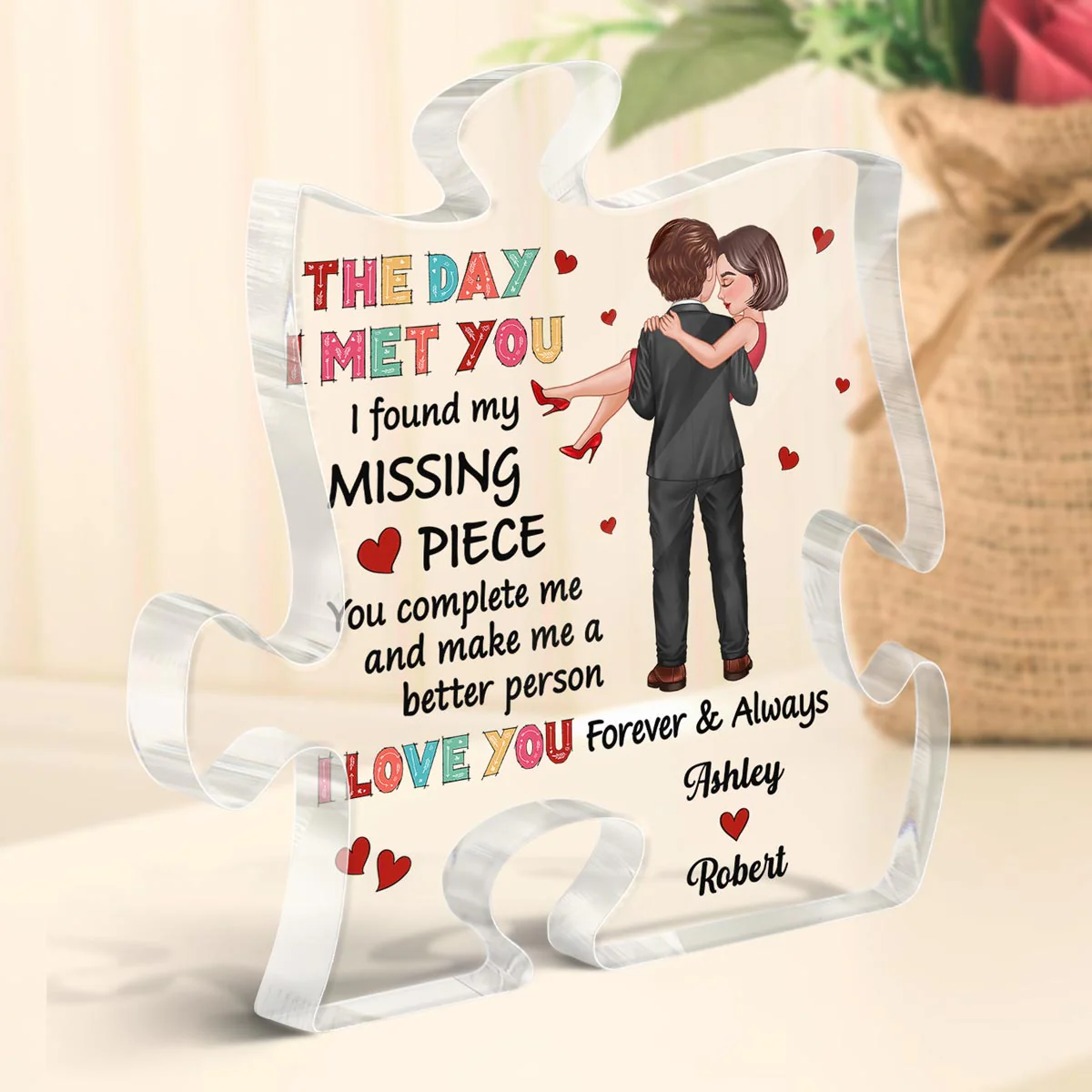 Colorful Pattern Embracing Hugging Couple Personalized Puzzle Acrylic Plaque - Image 3