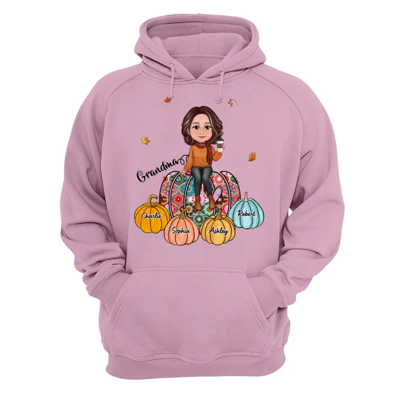 Colorful Patterned Pumpkids Grandma And Kid Names Personalized Shirt - Image 15