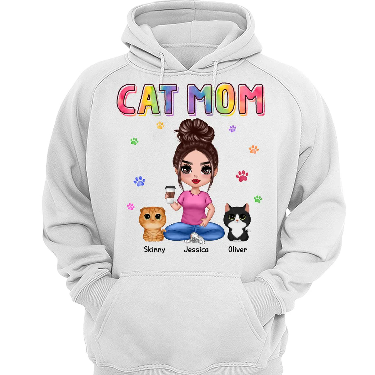 Colorful Paws Cat Mom Doll Woman Sitting With Watercolor Cute Cats Personalized Shirt - Image 3