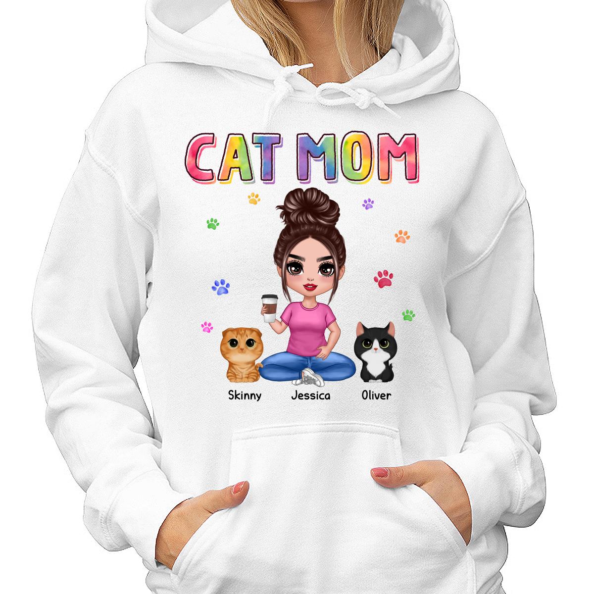 Colorful Paws Cat Mom Doll Woman Sitting With Watercolor Cute Cats Personalized Shirt - Image 4