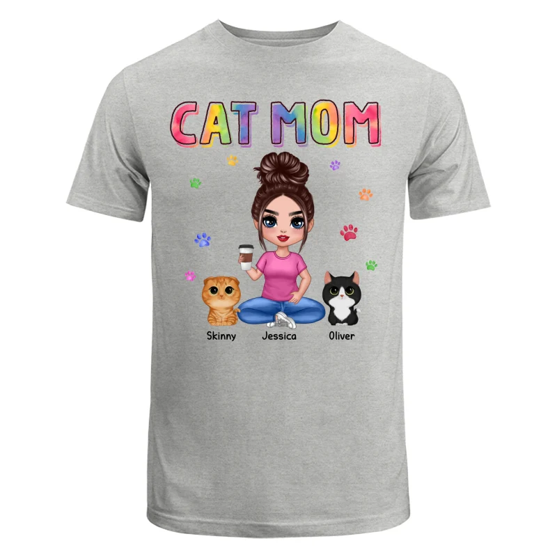 Colorful Paws Cat Mom Doll Woman Sitting With Watercolor Cute Cats Personalized Shirt - Image 6