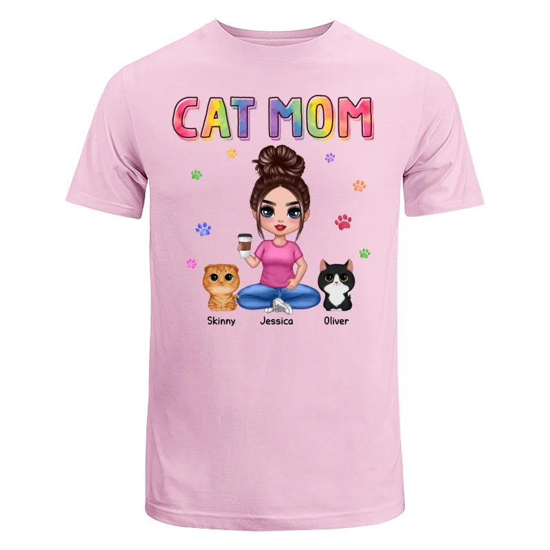 Colorful Paws Cat Mom Doll Woman Sitting With Watercolor Cute Cats Personalized Shirt - Image 7