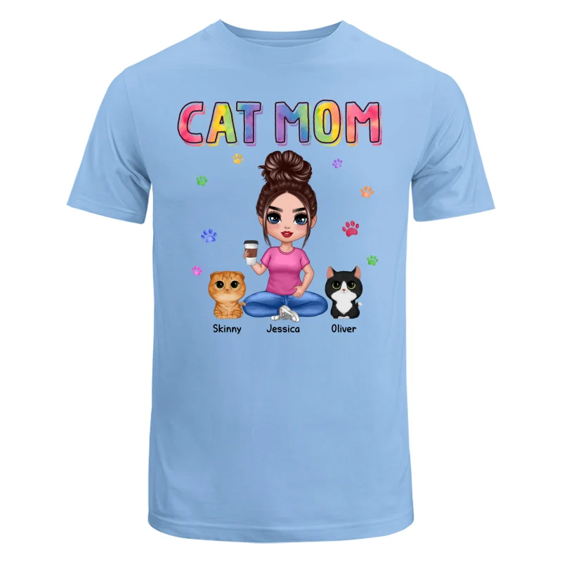 Colorful Paws Cat Mom Doll Woman Sitting With Watercolor Cute Cats Personalized Shirt - Image 8