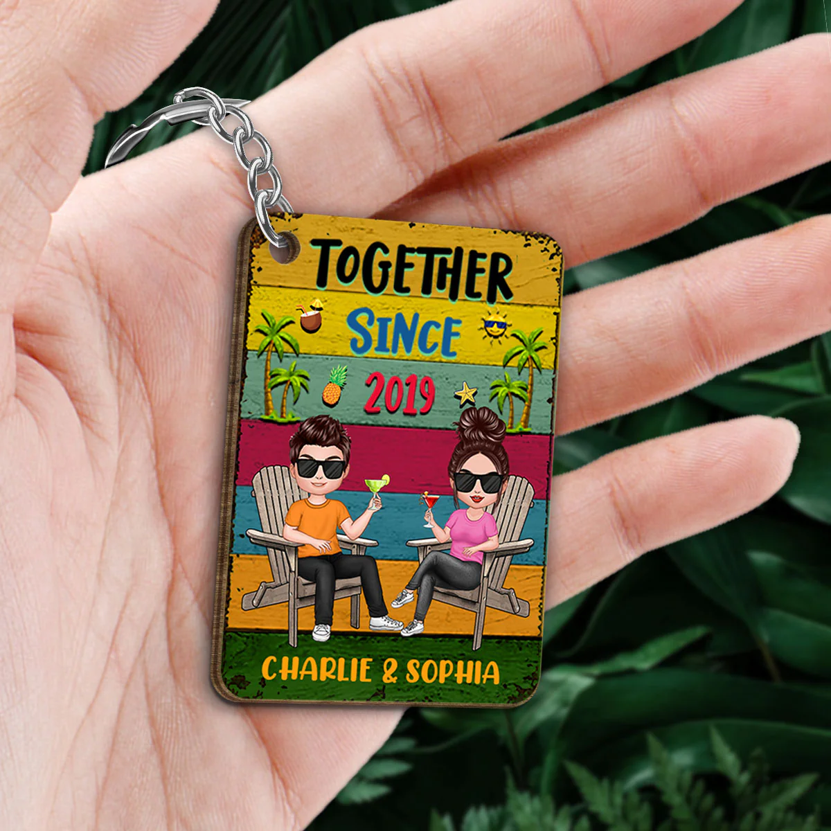 Colorful Plank Summer Couple Personalized Wooden Keychain - Image 2