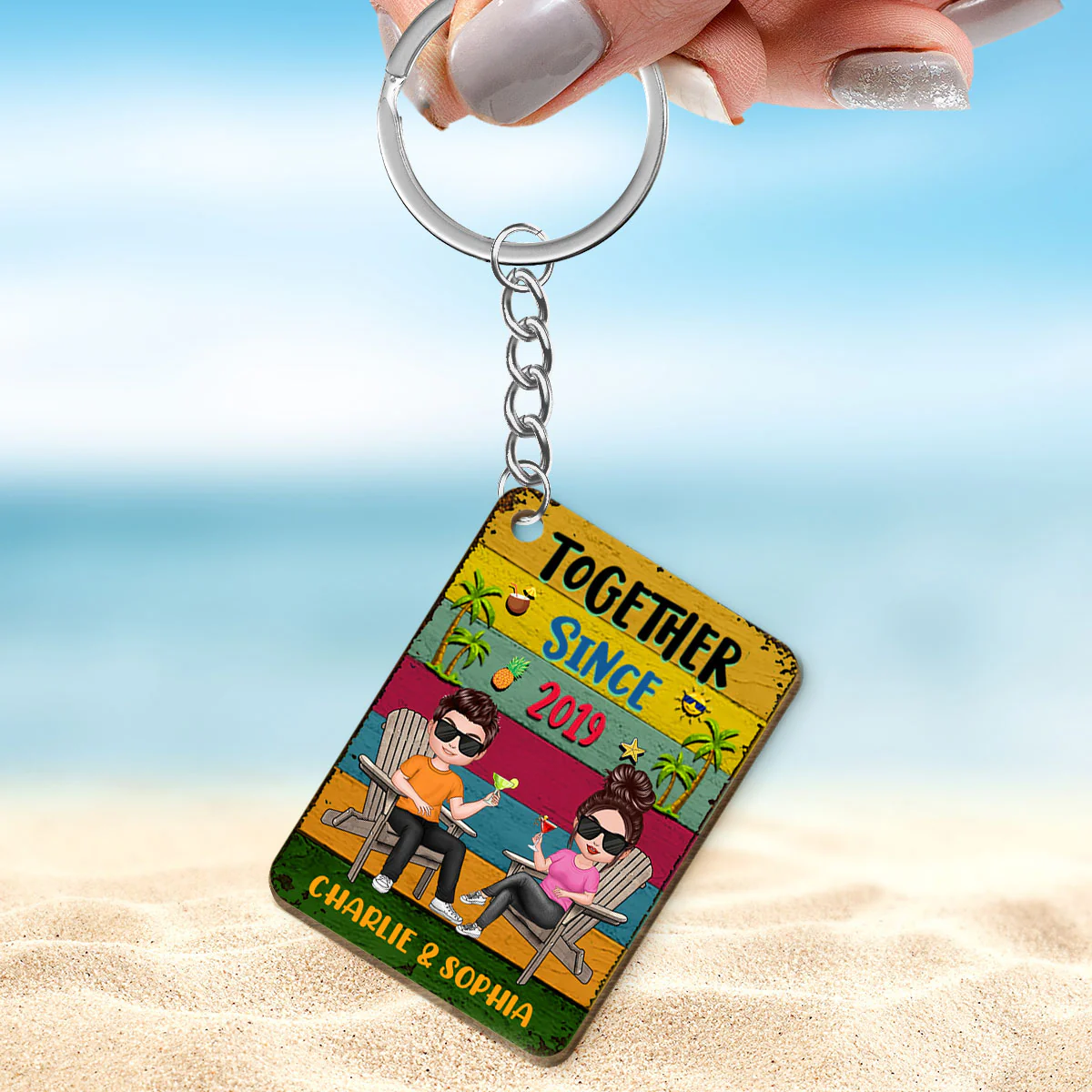 Colorful Plank Summer Couple Personalized Wooden Keychain - Image 3