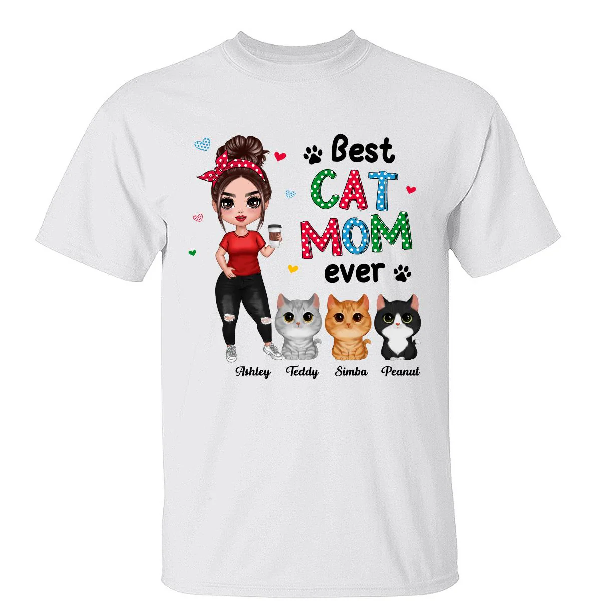 Colorful Polka Dot Pattern Cat Mom Watercolor Cute Cats And Woman Personalized Shirt