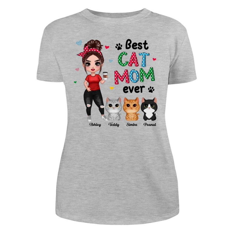 Colorful Polka Dot Pattern Cat Mom Watercolor Cute Cats And Woman Personalized Shirt - Image 10