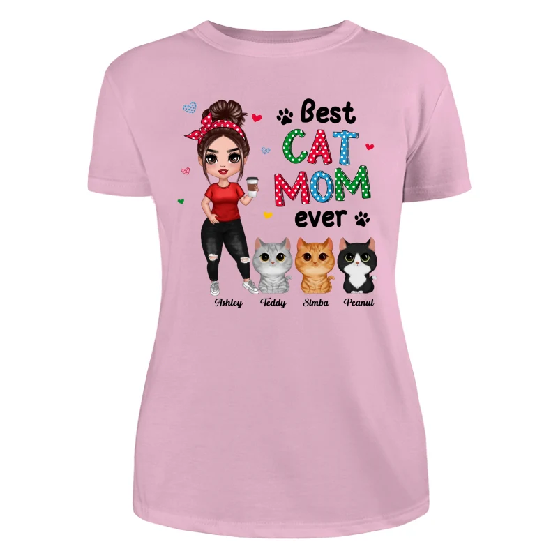 Colorful Polka Dot Pattern Cat Mom Watercolor Cute Cats And Woman Personalized Shirt - Image 11