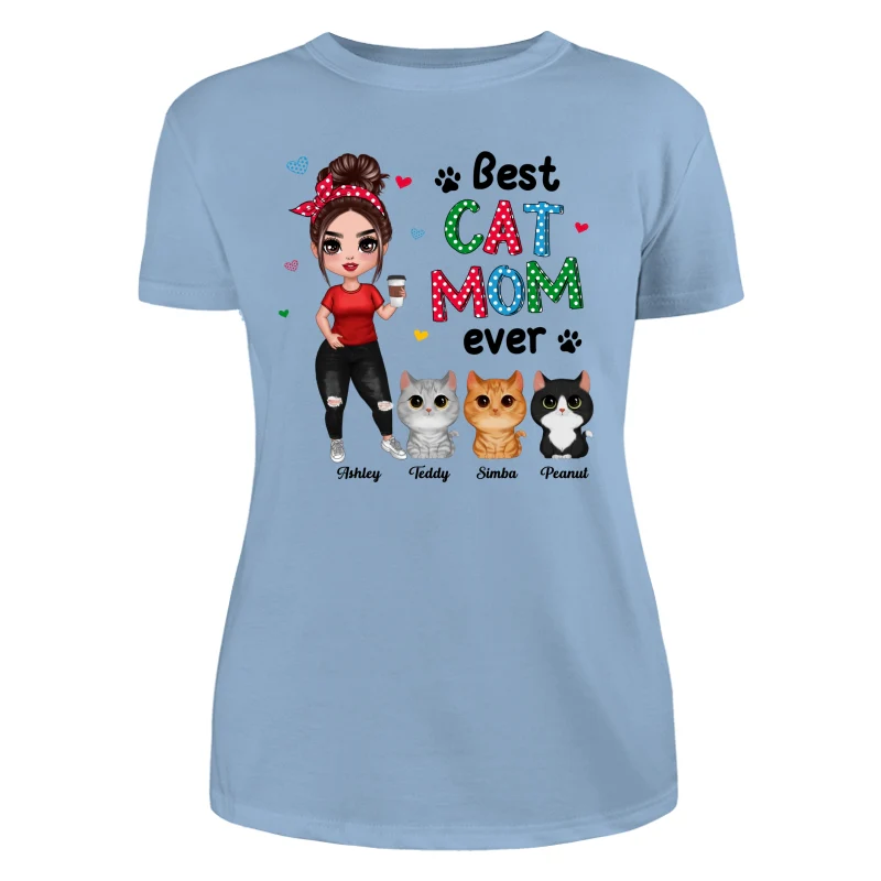 Colorful Polka Dot Pattern Cat Mom Watercolor Cute Cats And Woman Personalized Shirt - Image 12
