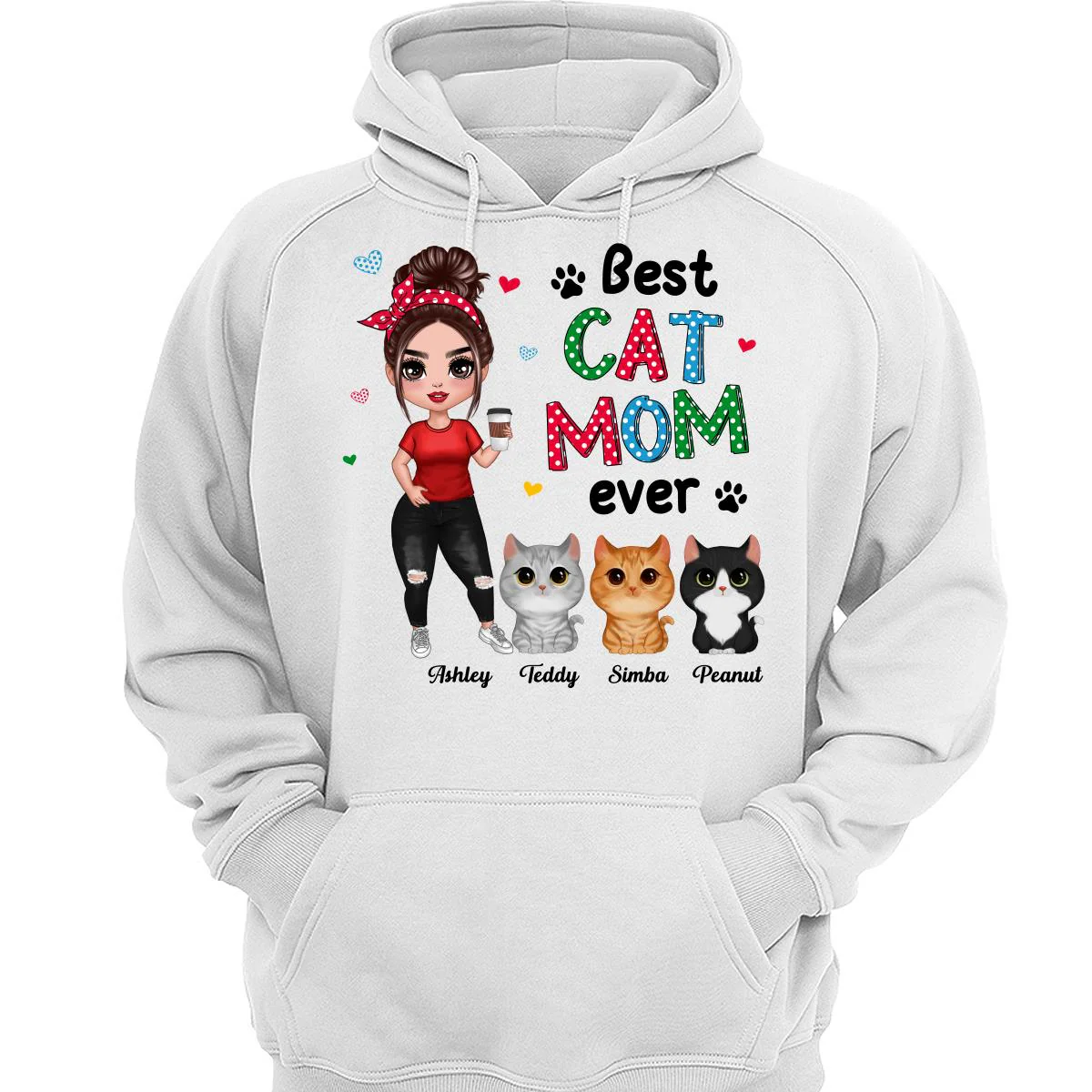 Colorful Polka Dot Pattern Cat Mom Watercolor Cute Cats And Woman Personalized Shirt - Image 3