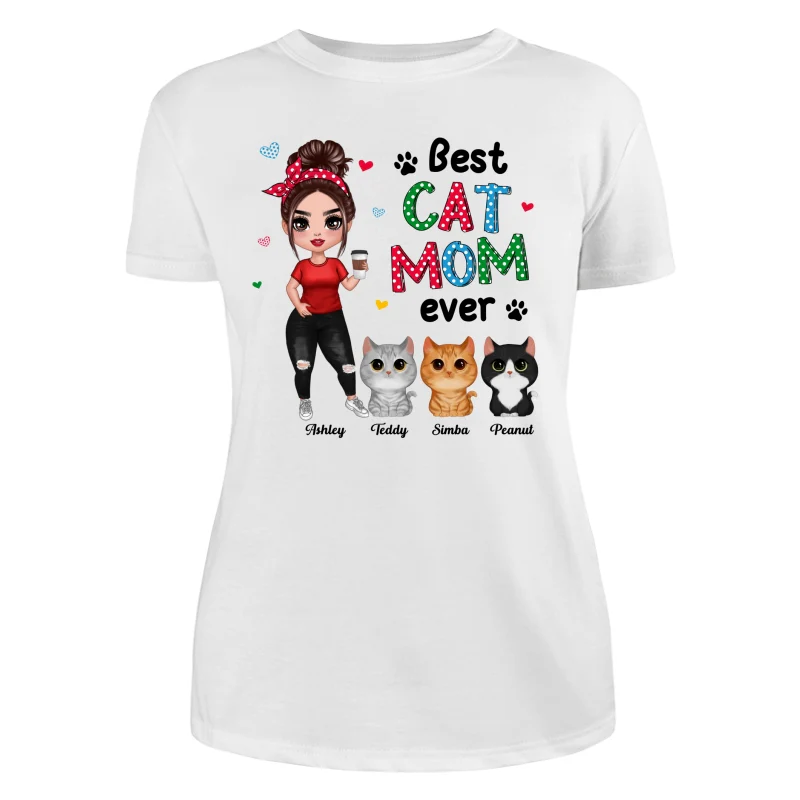 Colorful Polka Dot Pattern Cat Mom Watercolor Cute Cats And Woman Personalized Shirt - Image 9