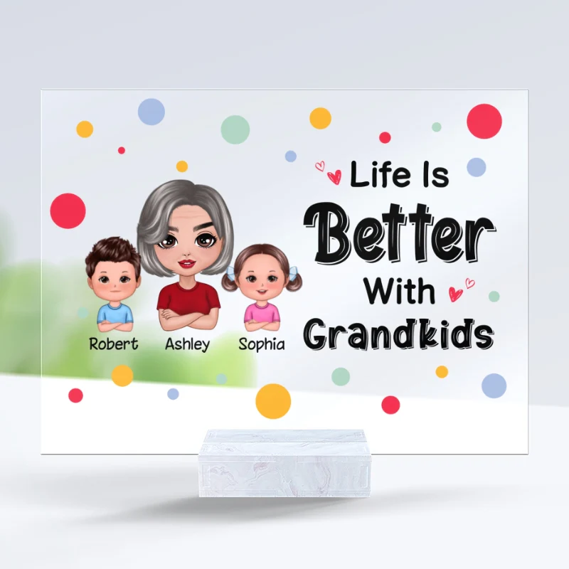 Colorful Polka Dot Pattern Doll And Grandkids Life Is Better With Grandkids Personalized Acrylic Plaque - Image 3