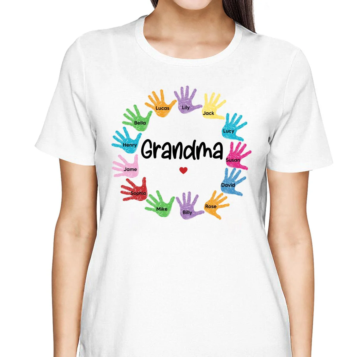 Colorful Sketch Handprints Grandma Mom Kids Names Personalized Shirt - Image 2