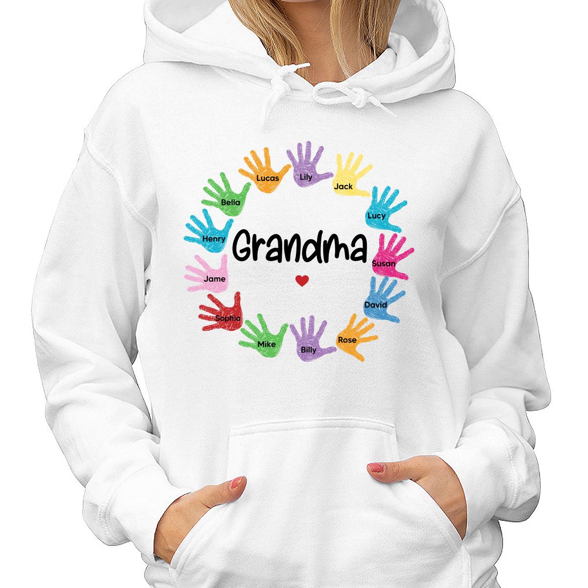 Colorful Sketch Handprints Grandma Mom Kids Names Personalized Shirt - Image 4
