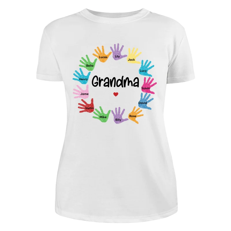 Colorful Sketch Handprints Grandma Mom Kids Names Personalized Shirt - Image 9