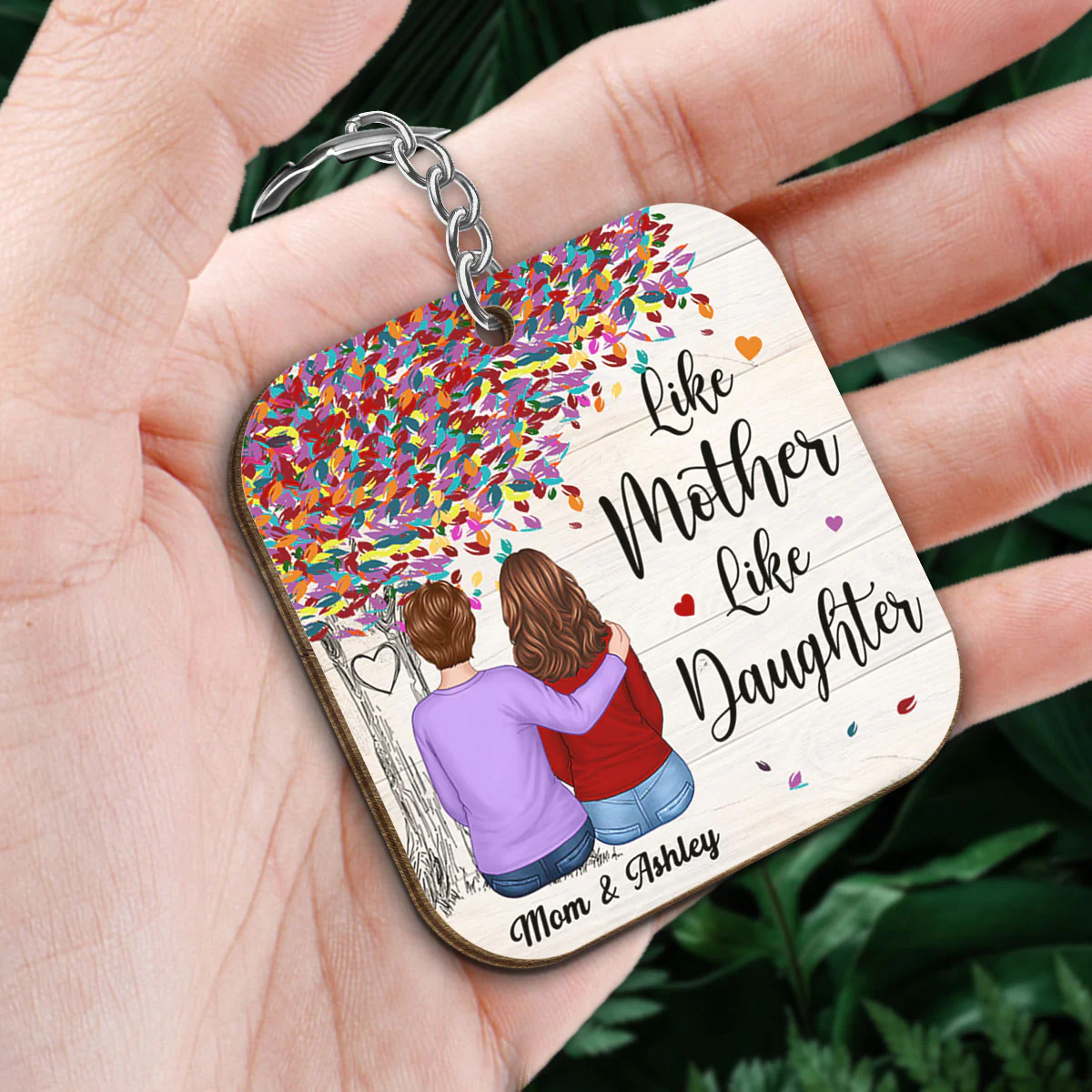 Colorful Tree Back View Mom Hugging Daughter Personalized Wooden Keychain - Image 2