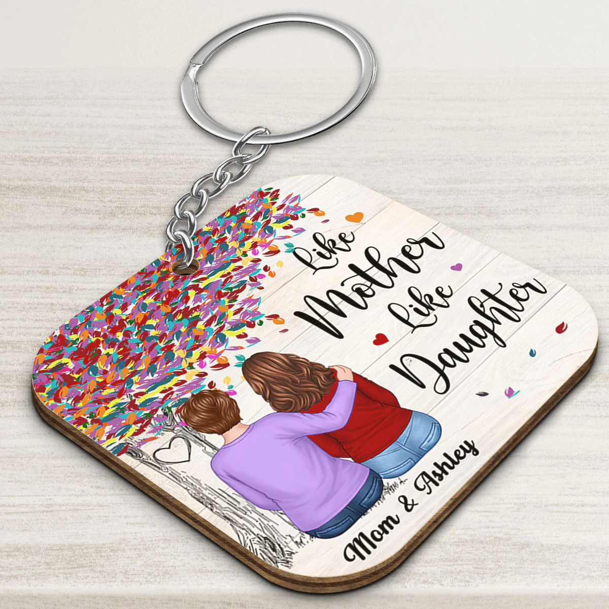 Colorful Tree Back View Mom Hugging Daughter Personalized Wooden Keychain - Image 3