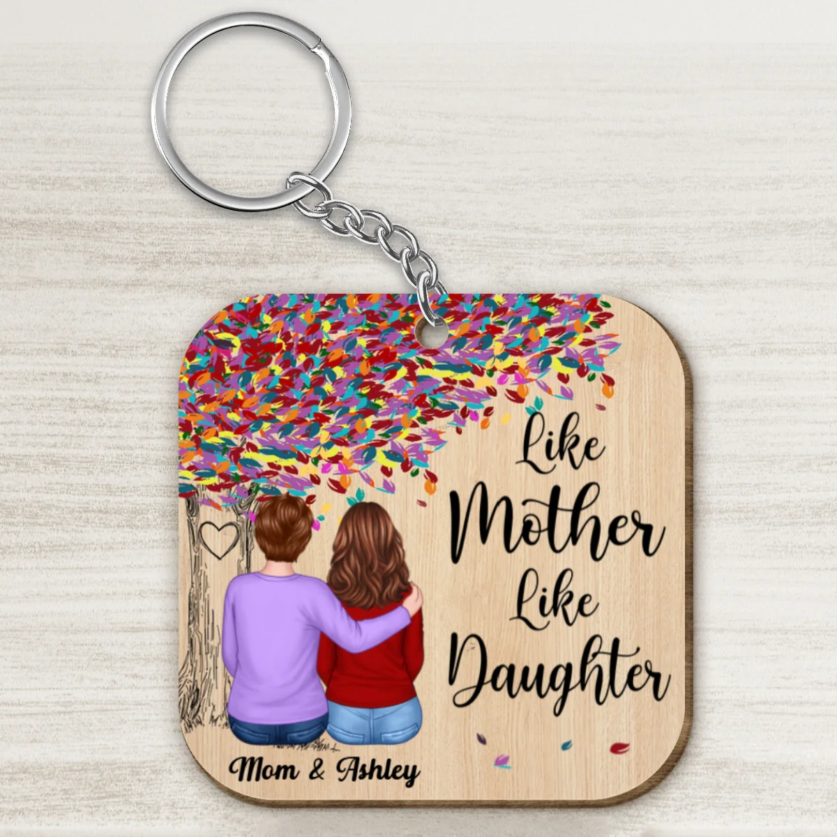 Colorful Tree Back View Mom Hugging Daughter Personalized Wooden Keychain - Image 4