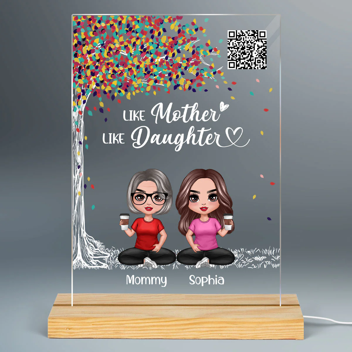 Colorful Tree Like Mother Like Daughters Doll Mom And Daughters Sitting Favorite Song Scannable QR Code Personalized Rectangle Acrylic Plaque LED Night Light - Image 2
