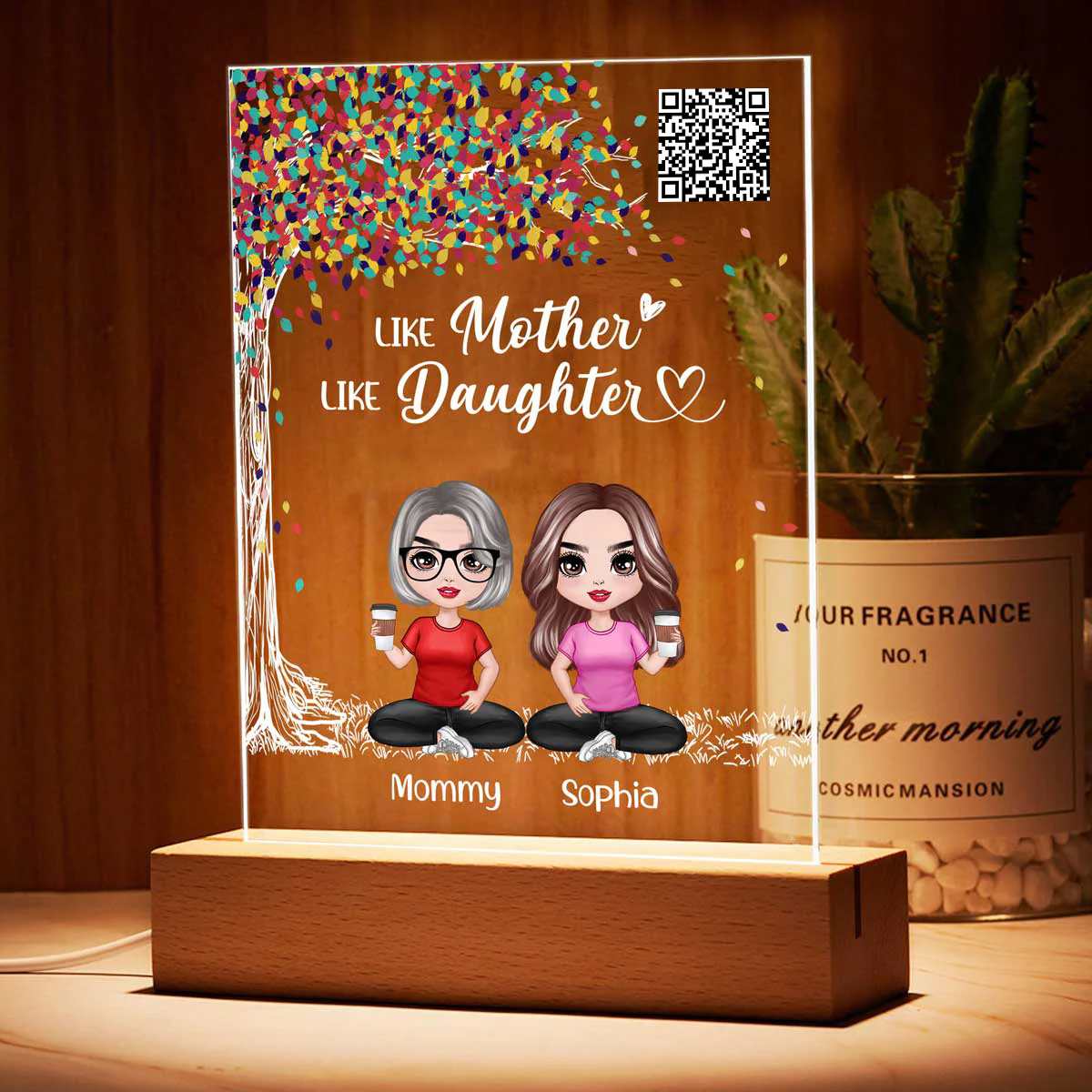 Colorful Tree Like Mother Like Daughters Doll Mom And Daughters Sitting Favorite Song Scannable QR Code Personalized Rectangle Acrylic Plaque LED Night Light - Image 3