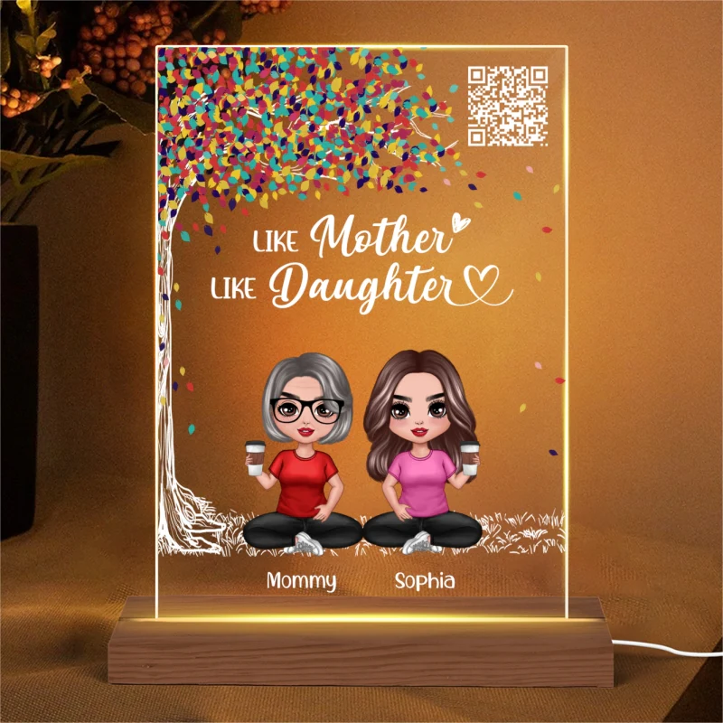 Colorful Tree Like Mother Like Daughters Doll Mom And Daughters Sitting Favorite Song Scannable QR Code Personalized Rectangle Acrylic Plaque LED Night Light - Image 4