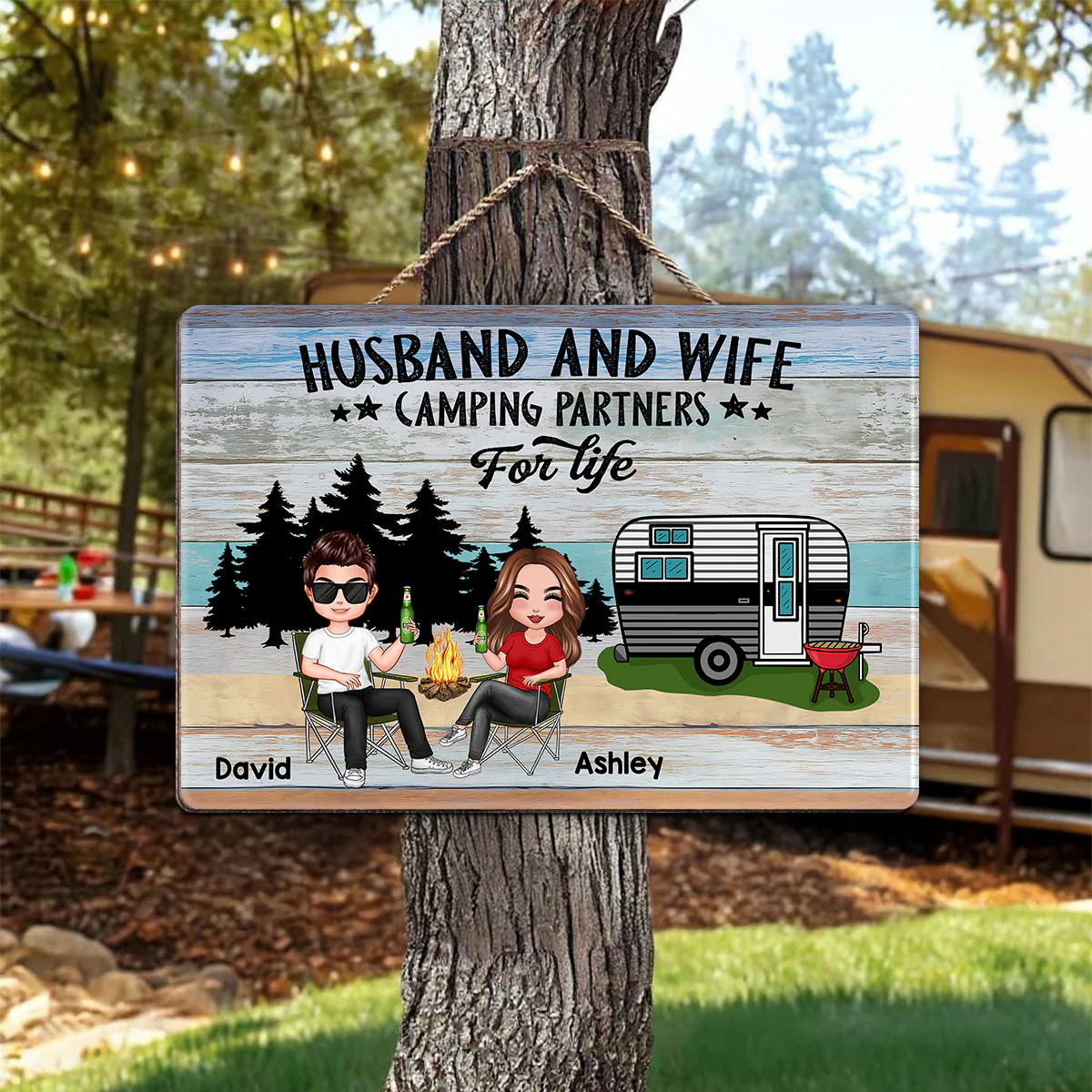 Colorful Wood Palletes Camping Couple Personalized Wood Sign - Image 3