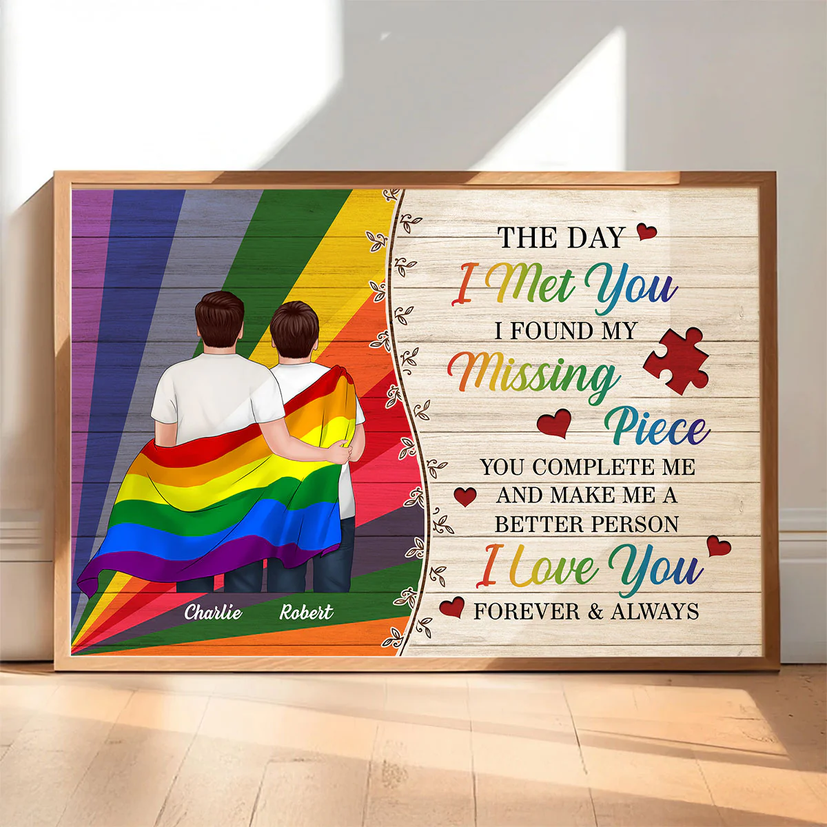 Colorful Wood Pallets The Day I Met You LGBTQ Couple Hugging Flag Personalized Poster, Pride Month Gift - Image 2