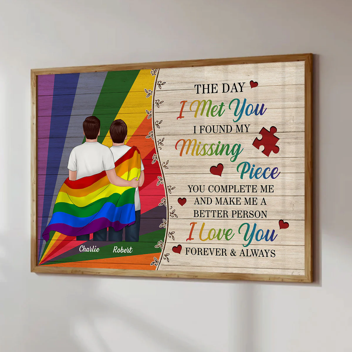 Colorful Wood Pallets The Day I Met You LGBTQ Couple Hugging Flag Personalized Poster, Pride Month Gift - Image 4
