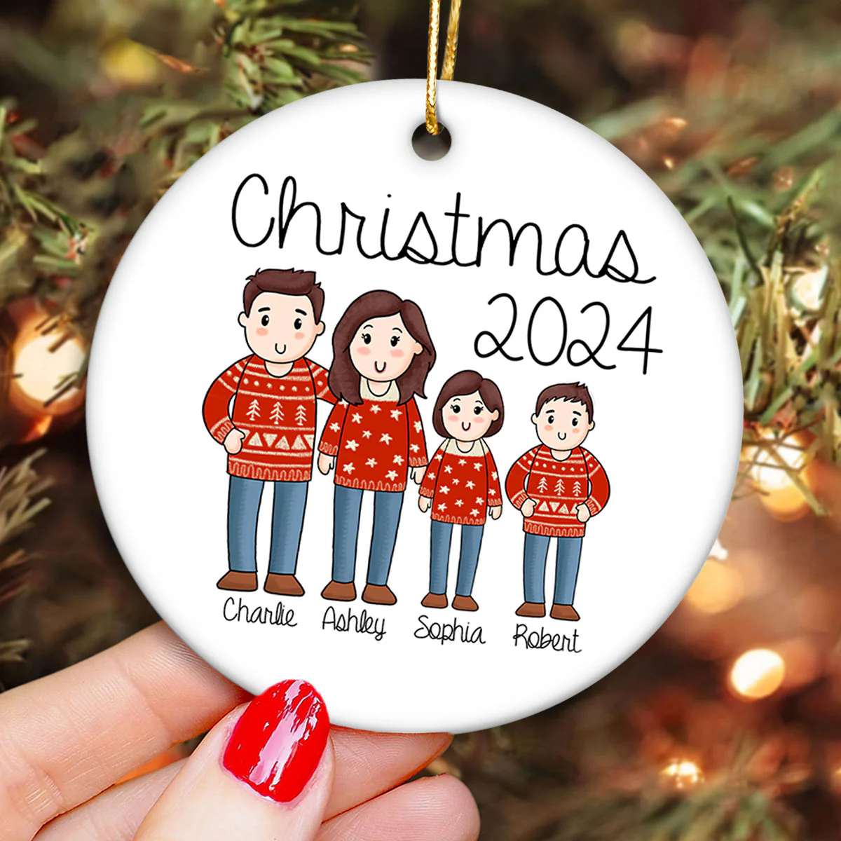 Comic Family Christmas Personalized Ceramic Ornament - Image 4